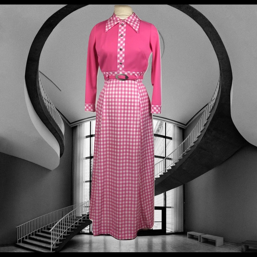 1970s Jennifer Gee Maxi Dress Pink Check